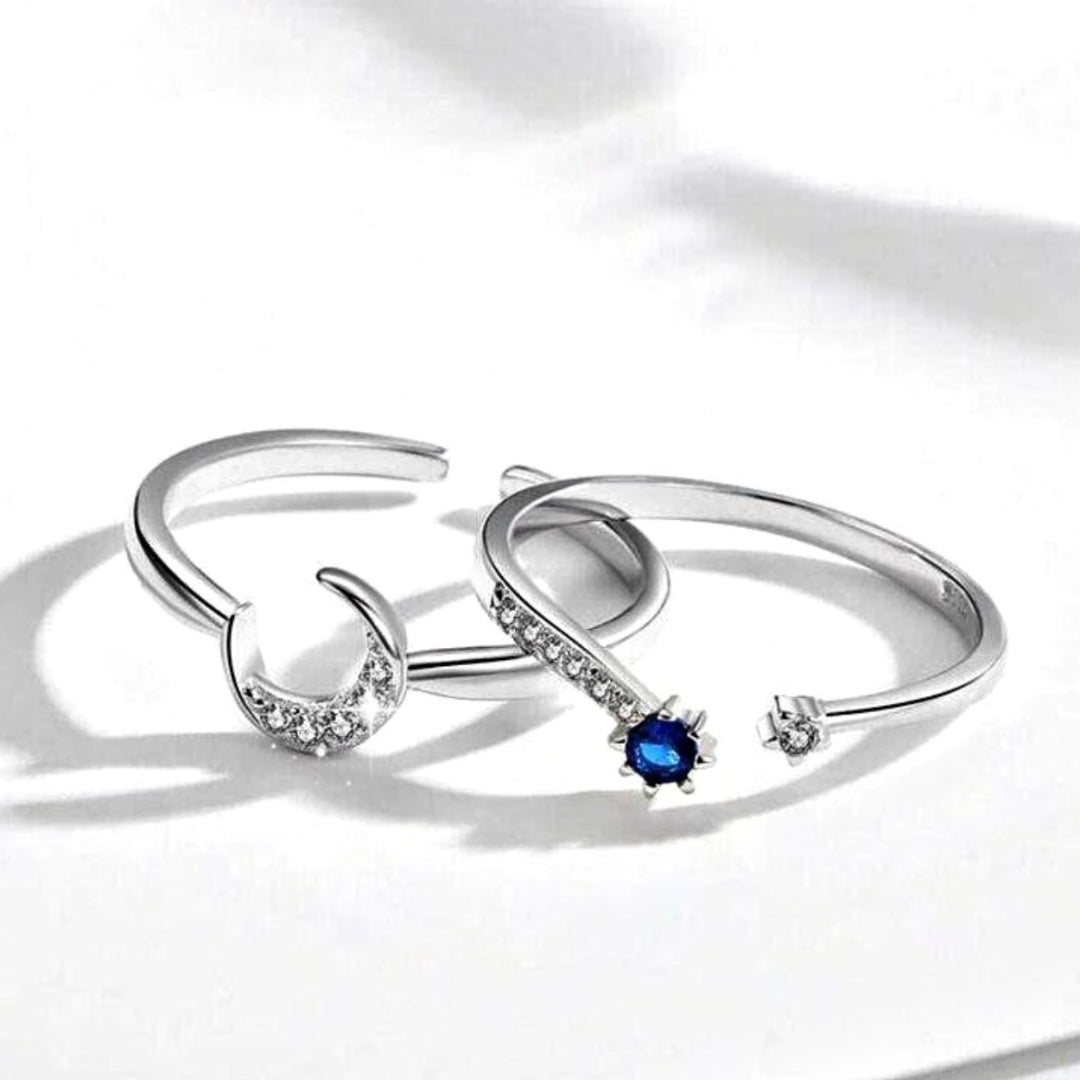 Bague Ajustable en Argent Éclatant avec Lune et Élégant Cristal Bleu