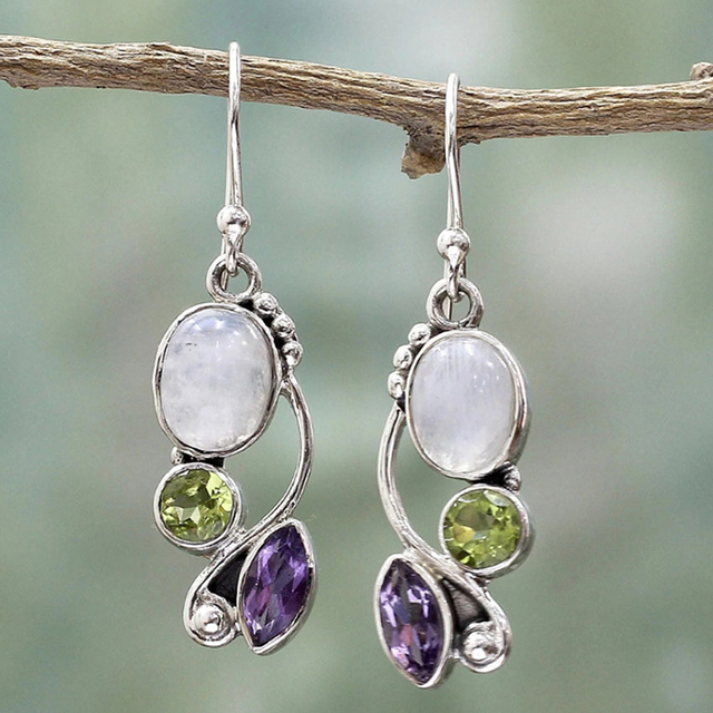 Éblouissantes Boucles d'Oreilles Vintage en Argent ornées de Cristal et Pierre de Lune Mauve et Verte