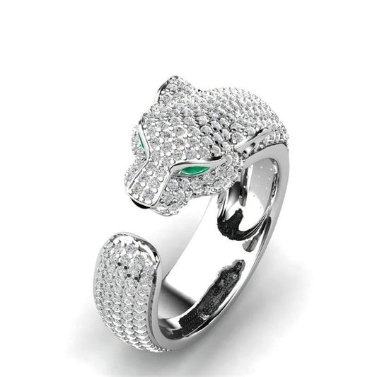 Bague Jaguar Ajustable en Argent et Or Rose 18 Carats avec Éclat de Zircon Vert pour un Look Audacieux